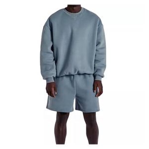 Custom LOGO Cotton Crewneck Sweatshirt <b>Set</b> Plain Sweat <b>Set</b> Shorts Men's Crew Neck Sweatshirt and Shorts <b>Set</b> - Product Image 2