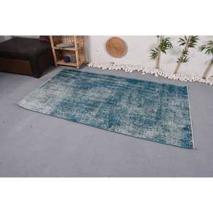 Alfombra turca Vintage moderna de 4,1x7,2 pies, hecha a mano, diseño clásico de retazos rectangulares, látex de poliéster de lana azul para la vida de los adolescentes - Product Image 2