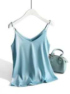 2025 Spaghetti Strap Top mujer Halter cuello en V básico blanco Cami sin mangas satén seda Tank Tops mujer verano - Product Image 3