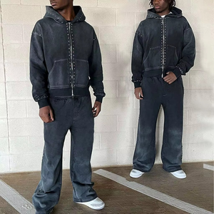 Sweat-shirts pour hommes, streetwear, survêtement lourd, ensembles de pantalons de survêtement et de sweat-shirts personnalisés, pantalon évasé, fermeture éclair, strass, lavage à l'acide - Product Image 5