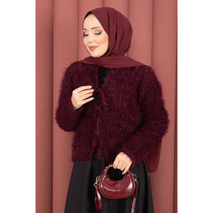 Cardigan en peluche Vera Bohemian, imprimé floral jacquard bordeaux, court, décontracté, été et automne, en cachemire et laine, à nouer devant - Product Image 3
