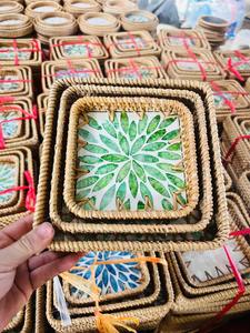 Square Artisan Rattan Tray with <b>Decorative</b> Mother of Pearl Center for Food Presentation and Table <b>Decor</b> Vietnam - Product Image 4