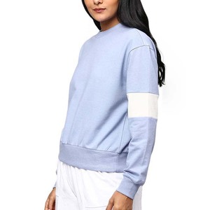 Sweat-shirt à col rond pour femme, couleur bleu clair, à blocs de couleurs, manches longues, tricoté en coton et fibre de bambou, décontracté, pour l'automne - Product Image 2