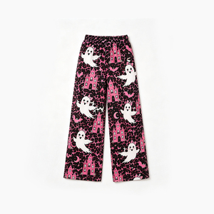 Pantalon droit pour femme, imprimé château fantôme léopard rose, en spandex/polyester écologique, taille élastique avec cordon de serrage, pour Halloween - Product Image 5