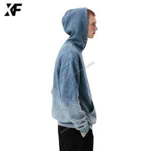 XUFEI Original 100% algodón gráfico ácido lavado recortado Rhinestone Sudadera con capucha para hombres patrón de invierno personalizado - Product Image 4