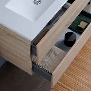 Mueble de Baño de 60 cm con 2 Cajones con Efecto Madera, Espejo y Lámpara Belize, Juego de Muebles de Baño - Product Image 5