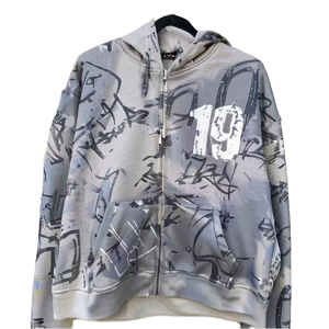 Custom Logo Cropped <b>Hoodie</b> for Men Oversized Streetwear Cotton <b>Zip</b> <b>Up</b> with Drawstring and <b>Graphic</b> Print - Product Image 2