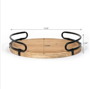 Export Quality Wooden <b>Tray</b> with Metal Frame & Handle Wholesale Supply Multi-Purpose Round <b>Tray</b> Food Beverages <b>Dinner</b> & Decor Use - Product Image 3