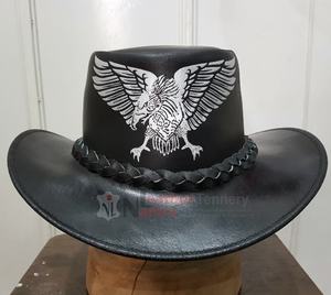 Chapeau de cowboy en cuir noir fait main avec motif d'aigle argenté, bande tressée, chapeau de motard western, chapeau de cowboy en cuir de qualité export - Product Image 6