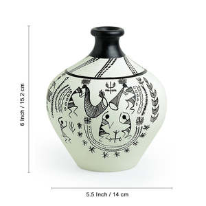 15,2 cm pintado a mano terracota Warli Matki en forma de jarrón en blanco - Product Image 3
