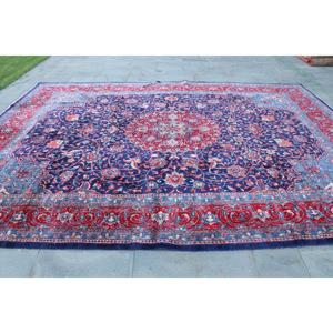 Alfombra de 9.8x13.2 pies, Alfombra Turca Vintage, Alfombra de Lana con Plantas y Árboles Azules y Rojos - Product Image 4