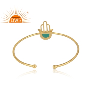 Best Selling Sterling Silver Gold Plated Natural Green Onyx Gemstone Hamsa Design Cuff <b>Bracelet</b> Demi Fine Jewelry For Women - Product Image 2