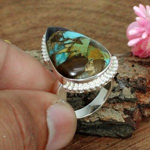 Anillo de Declaración en platino con cobre mexicano turquesa pera Mohave forma rodio plateado plata esterlina joyería de moda fina - Product Image 1