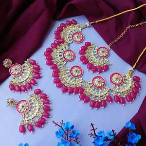 Gargantilla de perlas de imitación al por mayor de La India, collar floral esmaltado de cristal Kundan, pendientes Chandabali con conjunto de joyería Tikka para mujer - Product Image 2