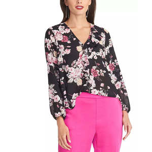 Blusa Asimétrica con Volantes Layla de Rachel Roy para Mujer, Talla Extra Grande, en Chifón y Tejido Sólido, Estilo Casual con Cuello Alto para Verano - Product Image 1