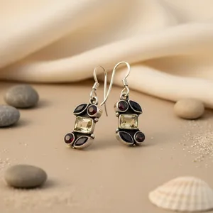 Boucles d'oreilles pendantes vintage pour femmes en argent 925 avec citrine et grenat, avec pendentif en or 18 carats et perle en or blanc et boucles d'oreilles pendantes - Product Image 1