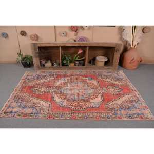 Tapis Vintage Anatolien Rouge Bleu 4.3X7 pieds Classique Grande Surface Laine Turque Latex Patchwork pour Couloir Rectangle Classique - Product Image 4