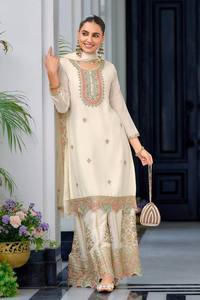 New Fancy Designer <b>Wedding</b> Diwali Party <b>Top</b> Sharara & Dupatta Set in Chinon Silk Wrinkle Free - Product Image 3