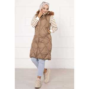 Chaleco Largo Acolchado para Mujer con Patrón Baklava Color Bronceado, Exterior de Lona con Cierre de Cremallera, Decoración de Piel, Estilo Casual con Detalle de Botones - Product Image 1