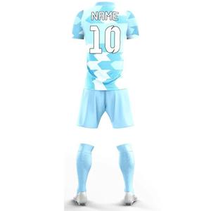 Conjunto de Uniforme de Fútbol Unisex Personalizado, Transpirable, de Secado Rápido, Camiseta y Pantalones Cortos Azul Cielo, Diseño Geométrico, Uniforme de Entrenamiento 100% Poliéster - Product Image 4