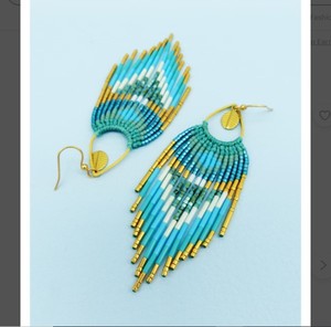 Long Bohemian Beaded Fringe <b>Earrings</b> Made of Micromacrame and Miyuki Beads <b>Turquoise</b> Blue Green and Gold - Product Image 1