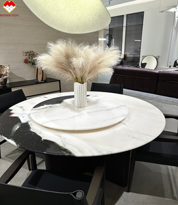 Juego de Mesa de Comedor Personalizado con Cubierta de Mármol Blanco Panda, Diseño de 6 Sillas, Mesa de Comedor Redonda de Mármol Blanco con Vetas Negras de Lujo - Product Image 2