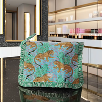Pochette en coton matelassé à pompons, écologique, légère, durable, faite à la main, réutilisable, élégante, avec fermeture éclair, pour cosmétiques