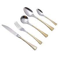 Servidor de ensalada con mango martillado redondo de latón, cabezas plateadas de acero inoxidable, cuchara para ensalada, tenedor para ensalada, cocina, Apto para lavavajillas