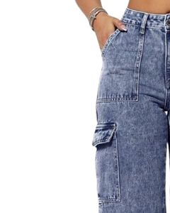 Jeans cargo à jambes larges bleu foncé pour femmes, pantalon en denim taille haute avec poches utilitaires, vêtements de rue décontractés, fournisseur OEM - Product Image 3