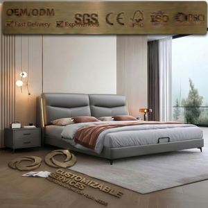 Lit minimaliste italien avec cadre LED en bois massif et cuir véritable, sommier flottant silencieux, lit Queen Size, mobilier de chambre principale - Product Image 1