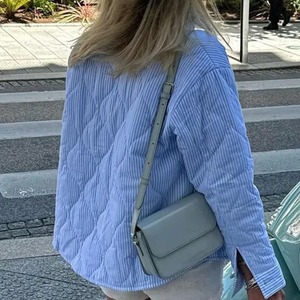 Autumn Winter <b>Heavy</b> <b>Duty</b> Puffer Jacket with Long Sleeves Button Quilted Coat Stand Collar and Turn-Down Stripes Canvas Fabric - Product Image 3