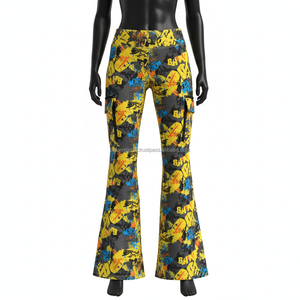 กางเกงขาบานผู้หญิง ผ้าโพลีเอสเตอร์ผสมสแปนเด็กซ์ พรีเมียม 230 GSM พิมพ์ลายแบบซับลิเมชั่นทั่วตัว พร้อมแผงกระเป๋าแบบคาร์โก้ รับสกรีนโลโก้ กางเกงขาบานผู้หญิง - Product Image 1