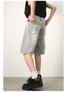 Shorts de Mezclilla Vintage Verano 2024 para Hombre, 100% Algodón, Corte Holgado, Pierna Recta, Cintura Alta, Cierre de Botones, Secado Rápido - Product Image 4