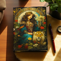 Livre des Ombres à Couverture Rigide Style Grimoire Antique avec Illustration Lion et Femme, Journal de Sorcière Vintage, Livre Pagan avec Art de Jardin Enchanté