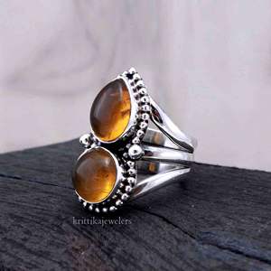 Vente en gros d'anneaux en argent sterling 925 avec sertissage en bézel, pierre précieuse ambre, bijoux unisexes personnalisés, cadeau de fiançailles, de mariage, de fête, style indien - Product Image 3