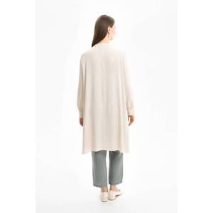Beige Viscose Floor-Length A-Line Evening Tunic with Tie Neck Detail for Women - Product Image 3