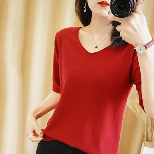 Camiseta de mujer novedad de verano 100% algodón tejido transpirable manga Casual sólido camisetas sueltas cuello en V pulóver Tops - Product Image 4
