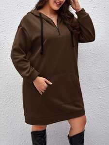 Robe à capuche en polaire mi-longue marron pour femme, style streetwear, avec poche kangourou, épaules tombantes, confortable - Product Image 4