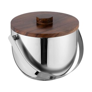 Cubo de Hielo Premium de Acero Inoxidable con Tapa de Madera, Doble Pared Aislada, Asa de Transporte, Mantiene el Hielo Frío para Fiestas en Casa o en Bares - Product Image 1