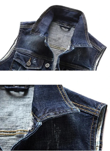 เสื้อกั๊กยีนส์แขนกุดสำหรับผู้ชาย | แจ็คเก็ตยีนส์กระดุมแถวเดียวเสื้อนอกแนวสตรีทแวร์สีน้ำเงินสีเทาดำลำลอง - Product Image 4