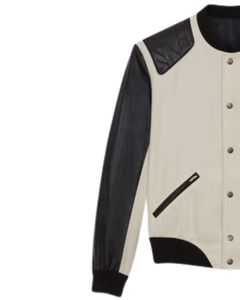 Veste universitaire pour homme, corps en laine, manches en cuir noir, boutons-pression, veste bomber minimaliste de style universitaire - Product Image 2