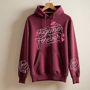 You + Me Couple <b>Hoodie</b> Unisex Maroon Cotton French Terry Printed Design Casual Autumn Wear Front Logo Pocket Style - Product Image 3