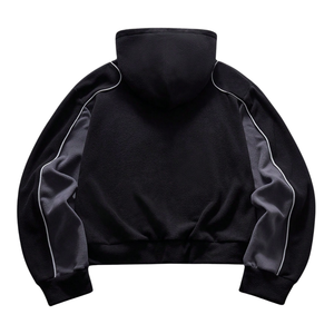 Mens Oversized <b>Black</b> <b>Fleece</b> Zip Hoodie Jacket Solid Contrast Grey Panels White Piping Casual Warm Winter Streetwear Outerwear - Product Image 2