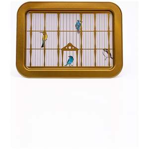 Cage à Oiseaux Vintage Illustration 310x430mm Plateau de Service Rectangulaire Elégant Rotin Cuivre Bois avec Oiseaux Colorés - Product Image 1
