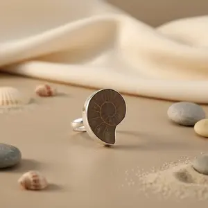 Bague en argent sterling 925 plaquée or rose avec fossile d'ammonite, coupe ovale tendance, incrustation, marque privée sous licence, bijoux uniques 18 carats - Product Image 2