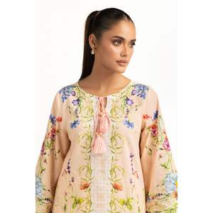 Ensemble coordonné bohème pour femmes en tissu cambric imprimé pêche, hauts à manches trois-quarts et shorts pour le bureau au printemps/été - Product Image 4