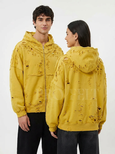 Custom Made Puff printed Logo Design Distressed Hoodie with Zipper Oversized Casual Frayed Edges Front Pockets Zipper Hoodies - Product Image 2