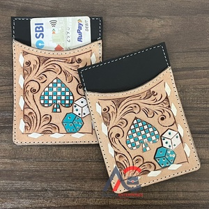 Премиальный кожаный картхолдер из винтажной кожи с турецким узором, с изображением игральных карт (пик, кубики), RFID-защитой, тонкий, для женщин - Product Image 1