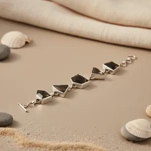 Geometric 925 Silver Onyx Beaded Bracelet Bezel Set Chain Link Women's Classic Everyday Wear - Product Image 2
