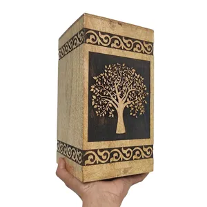 सजावटी कलश लकड़ी के कलश राख भंडारण बॉक्स पेड़ उत्कीर्णन डिजाइन राख के लिए बड़े वैयक्तिकृत दाह संस्कार हस्तनिर्मित आम की लकड़ी